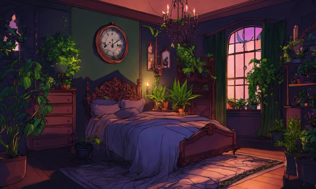 gothic witchy bedroom with plants at midnight. com